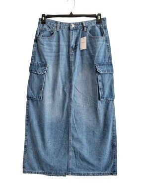 NEW Forever 21 Denim Cargo Maxi Skirt Large Medium Wash Y2K